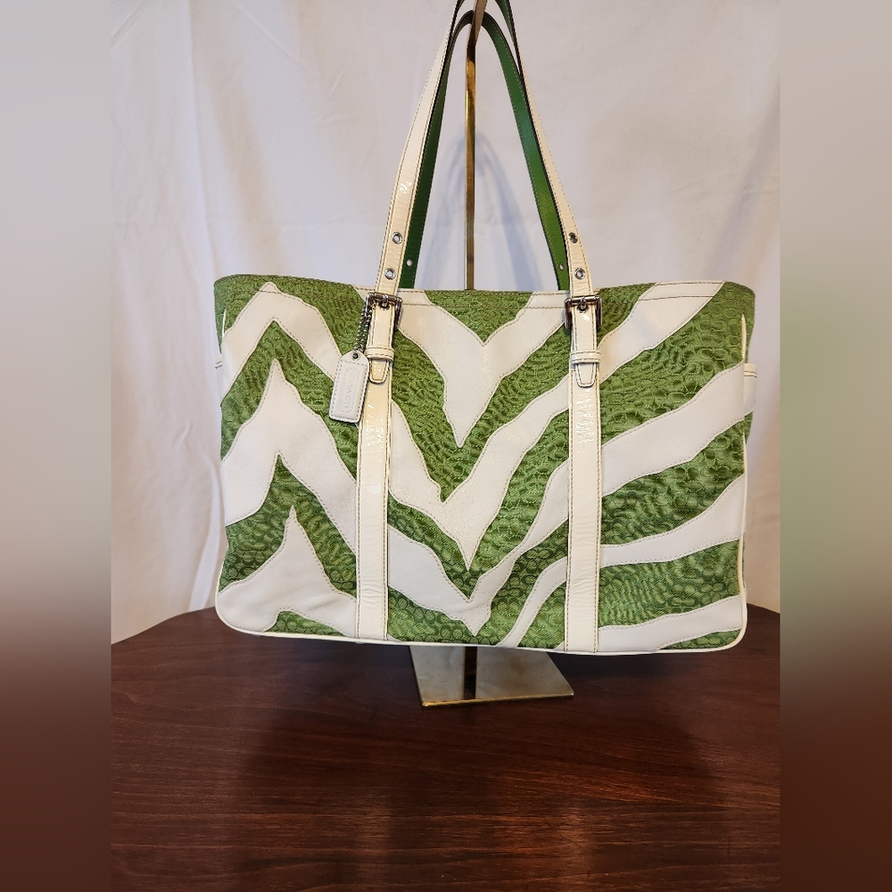 Coach green canvas & white leather zebra tote